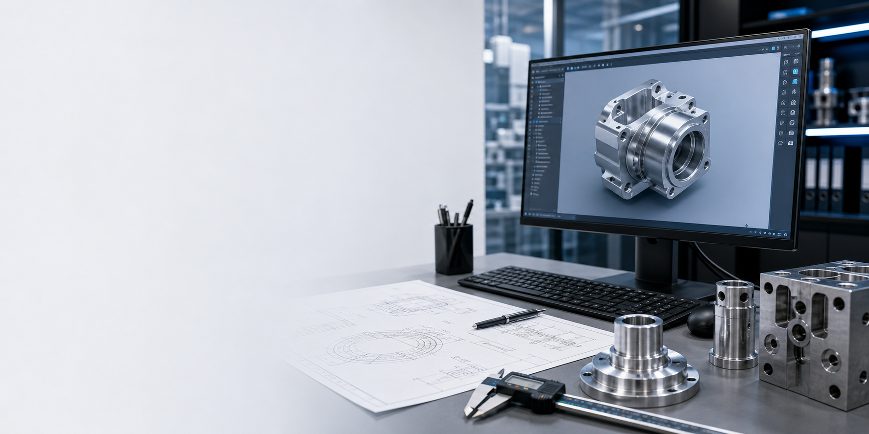 Mühendislik tasarım masasında CAD modeli ve hassas prototip parçalar
